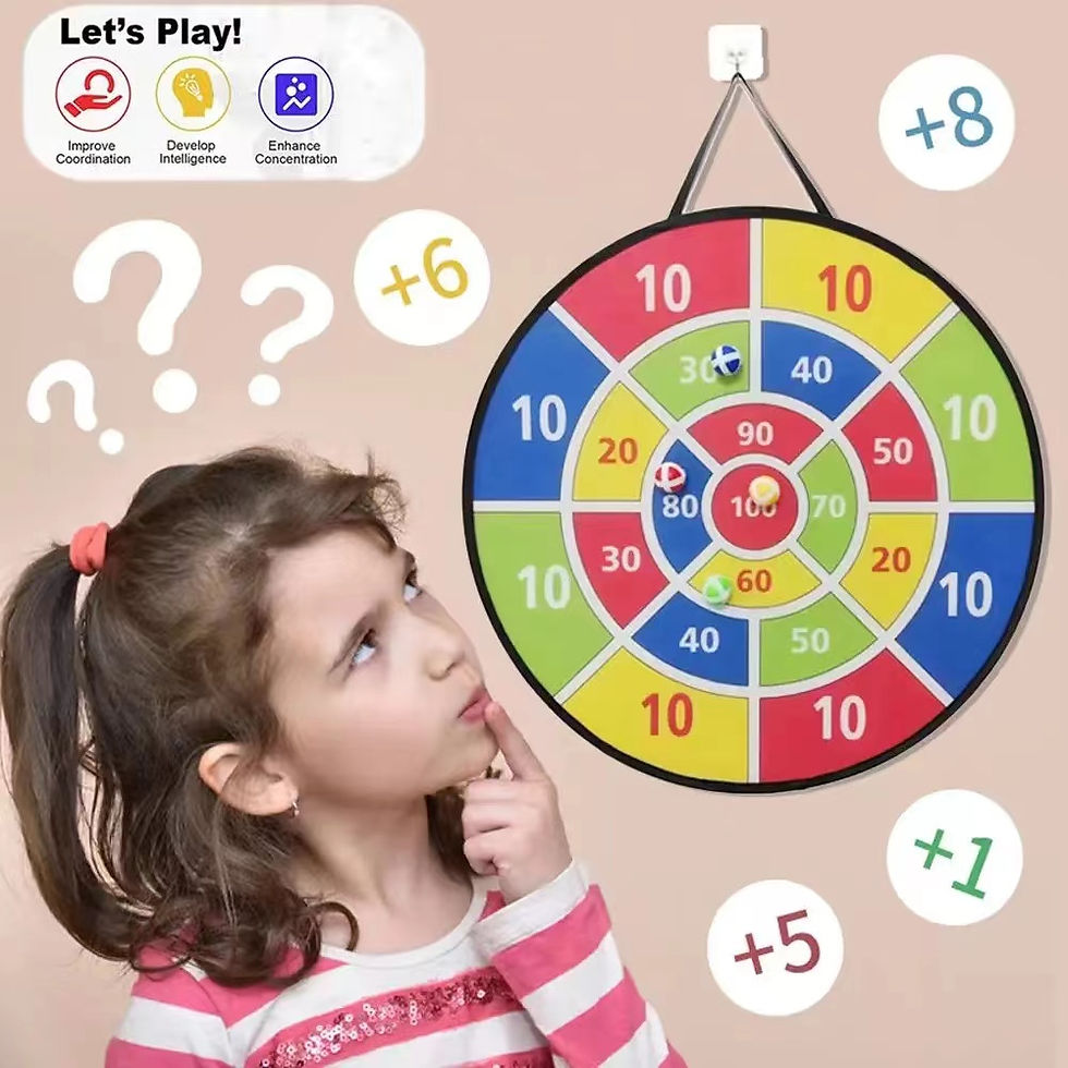 A young girl looking thoughtful next to a circular fabric dart board graphic with mathematical numbers floating around.