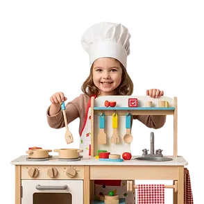 UK toddler developing fine motor skills and confidence through role-play with a sustainable wooden Montessori play kitchen