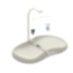 An isolated white view of the off-white baby change cushion set with its safety harness buckle and hanging plush toys.