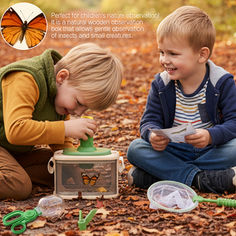 Two boys outdoors examine a butterfly in a wooden observation box; text says it’s for children’s nature observation.