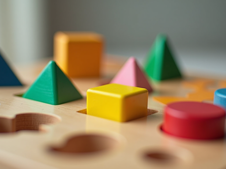 Eye-level view of wooden shape sorter toy with colourful shapes