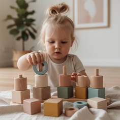 Close-up view of wooden Montessori stacking blocks on a natural fabric surface