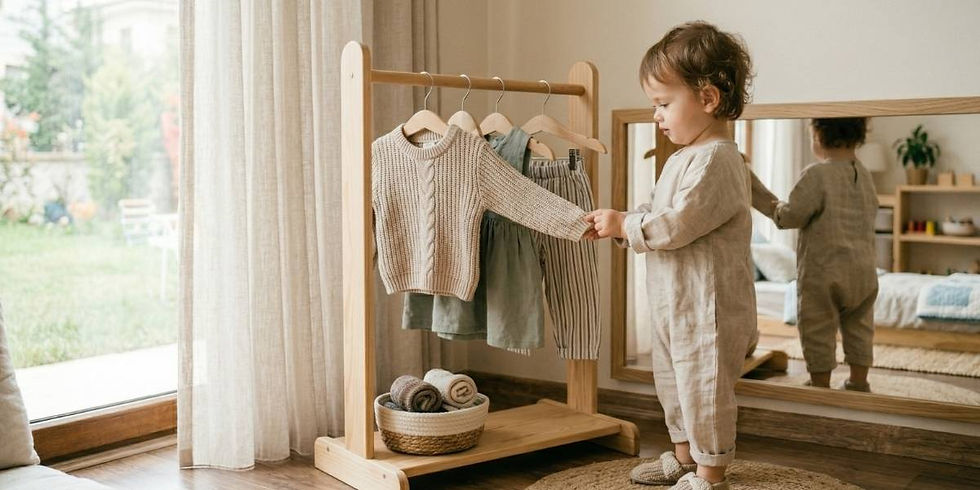 Toddler in beige outfit selects clothes from a wooden rack near a window. A mirror and rolled towels are in the background; natural light.