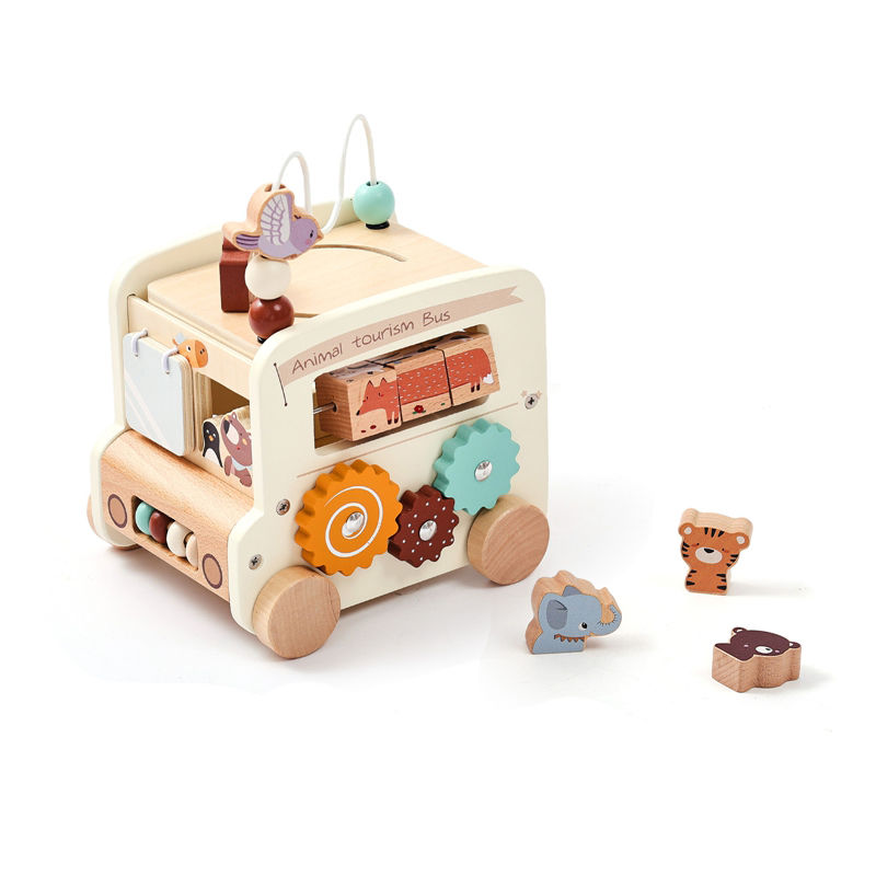 Thumbnail: Cream white version of the wooden activity bus featuring pastel gears and animal rotate puzzles.