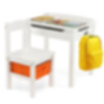 White kids wooden desk and chair set with an orange under-seat storage bin and a yellow backpack hanging on a side hook.