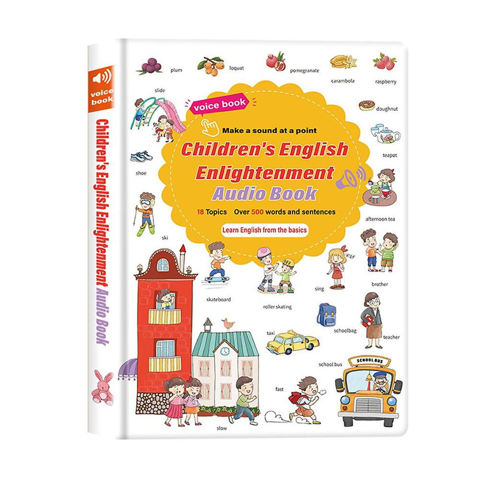 Front cover of the Children's English Enlightenment Audio Book detailing its 18 topics and 500-plus words list.