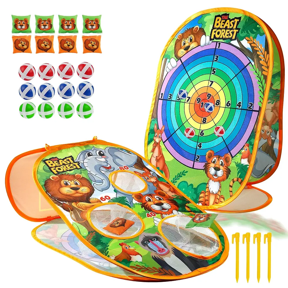 A slanted 3-pocket animal bean bag toss game layout next to a standing concentric circle sticky dartboard target.