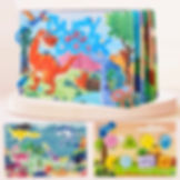 Dinosaur busy book cover showing a T-Rex and Brachiosaurus next to a colorful geometric fossil shape matching page.
