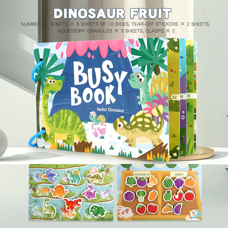 Thumbnail: Hello Dinosaur edition layout displaying 10 detailed prehistoric pages, dinosaur stickers, binder rings, and Velcro dots.