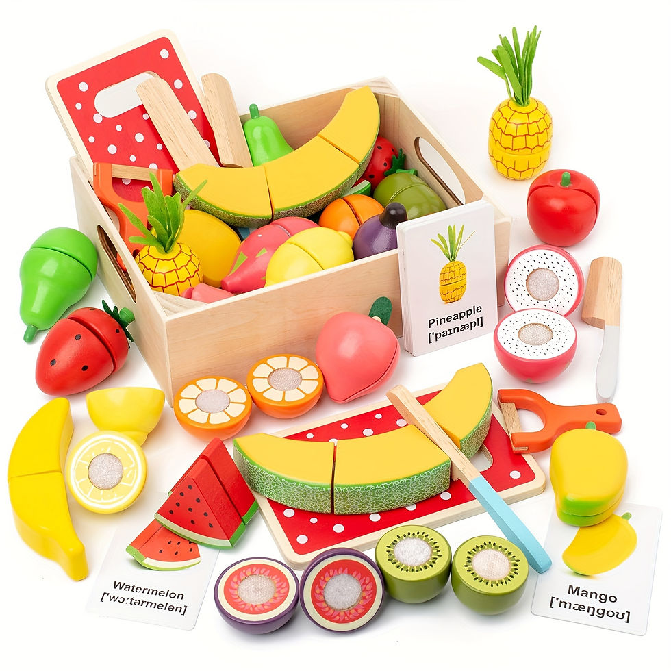 Wooden toy fruit set in a crate on white background, with colorful sliced fruits and cards labeled Pineapple, Watermelon and Mango.