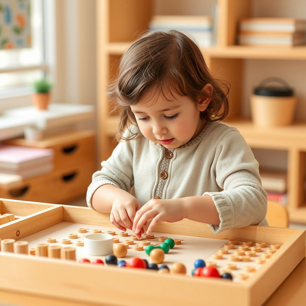 Young child concentrating while placing pieces on a wooden board game in a warm classroom or playroom.