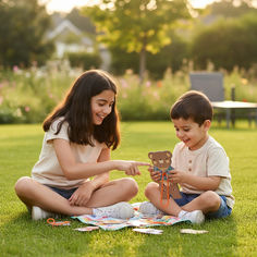 Two children sit on grass in a sunny garden, smiling as they make a bear craft on a blanket, with toys and cards around them.
