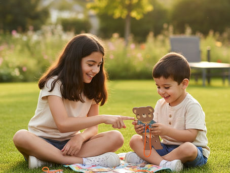 Two children sit on grass in a sunny garden, smiling as they make a bear craft on a blanket, with toys and cards around them.