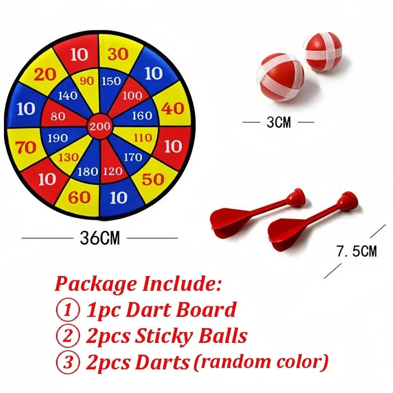 Package breakdown diagram detailing one 36cm fabric dart board, two 3cm sticky balls, and two 7.5cm red safety darts.