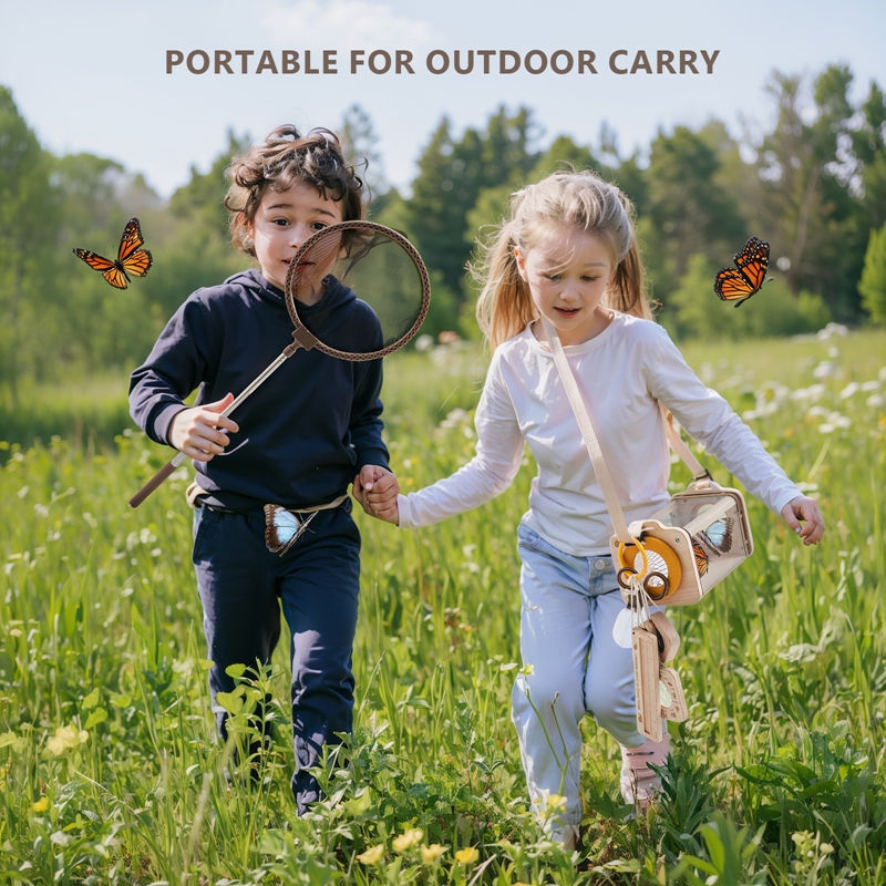 A boy with a telescopic net and a girl carrying a wooden bug box run through a grassy summer meadow with butterflies.