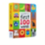 Front cover of the First 100 Words board book featuring colorful grids of an apple, car, ball, and dog.