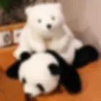 A fluffy white polar bear stuffed animal sitting on top of a lying panda stuffed animal on a wooden desk.