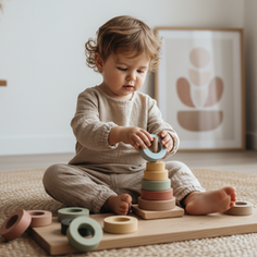 Eye-level view of wooden Montessori stacking rings on a natural wood surface