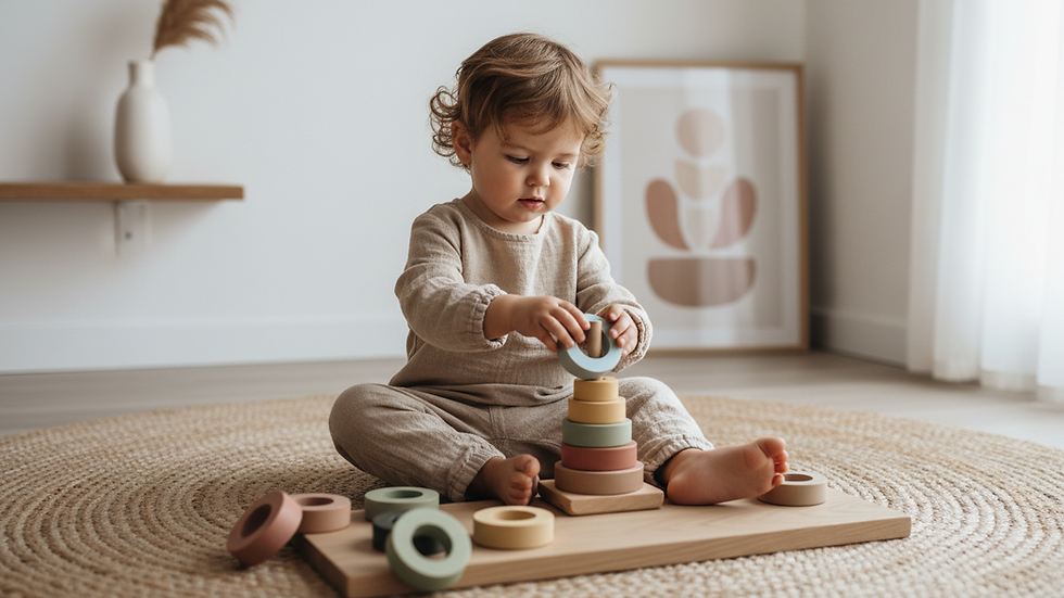 Eye-level view of wooden Montessori stacking rings on a natural wood surface