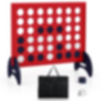 A giant red wooden connect 4 board game standing next to a black canvas travel bag and stacked piles of white and blue playin