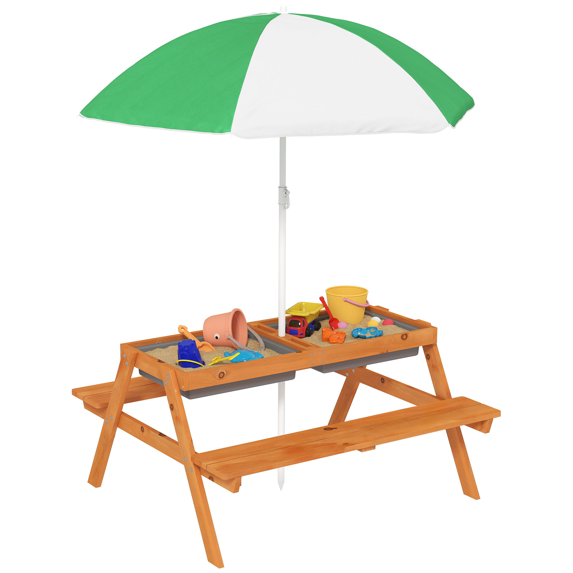 A wooden kids picnic table with a green and white sun umbrella resting on a backyard wooden deck layout.