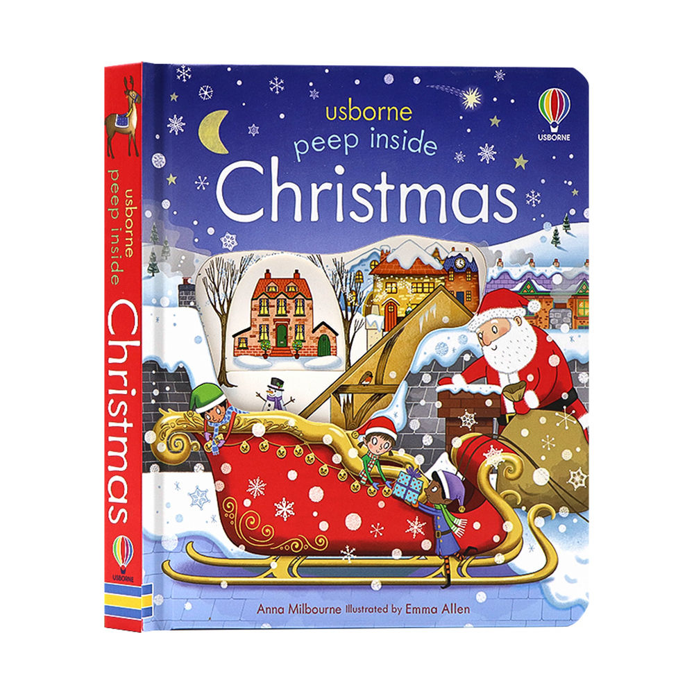 Front cover of Usborne Peep Inside Christmas book next to open page layouts showing Santa, elves, and a stable.