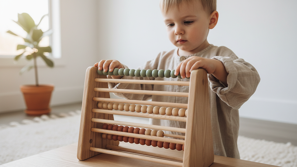 Close-up of natural wooden Montessori bead frame for counting
