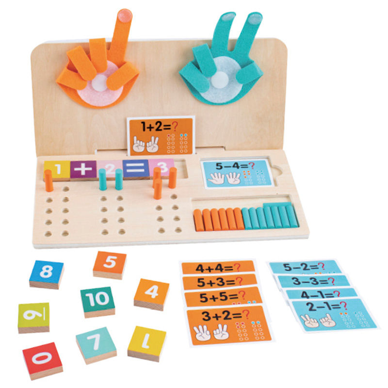 Colorful wooden math toy with numbered blocks and cards showing 1+2=? and 5-4=?, plus finger pegs on white background.