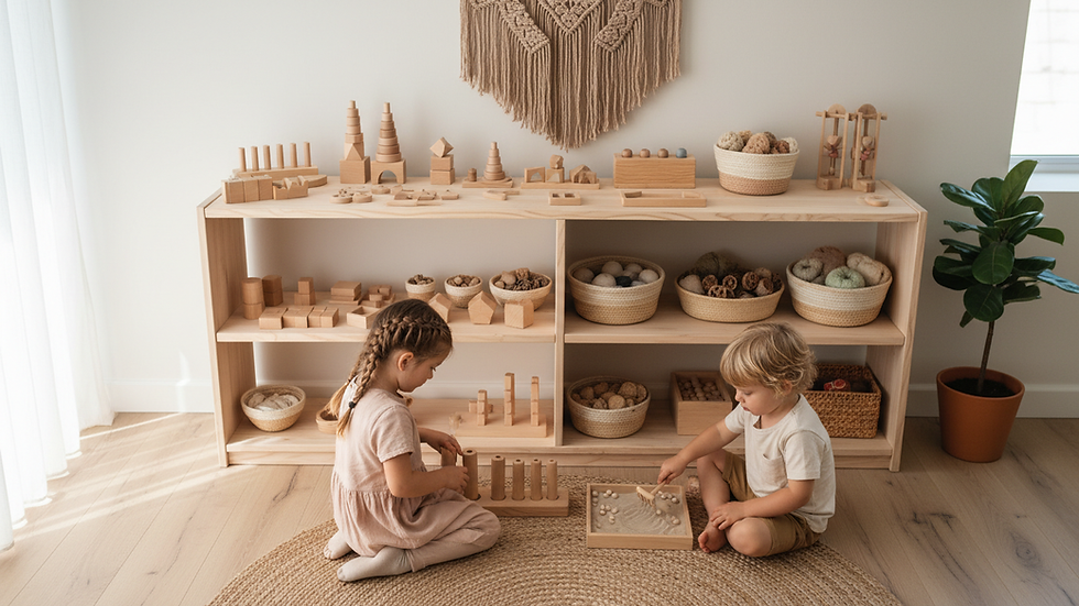 High angle view of a neatly arranged Montessori toy shelf with wooden toys and natural materials