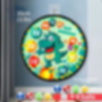 Dinosaur fabric dart board dimension layout detailing its 35cm or 13.9-inch diameter, 8 sticky spheres, and sticky wall hook.