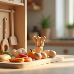 Wooden toy kitchen playset with utensils and colorful play food on a sunlit counter in a cozy kitchen.