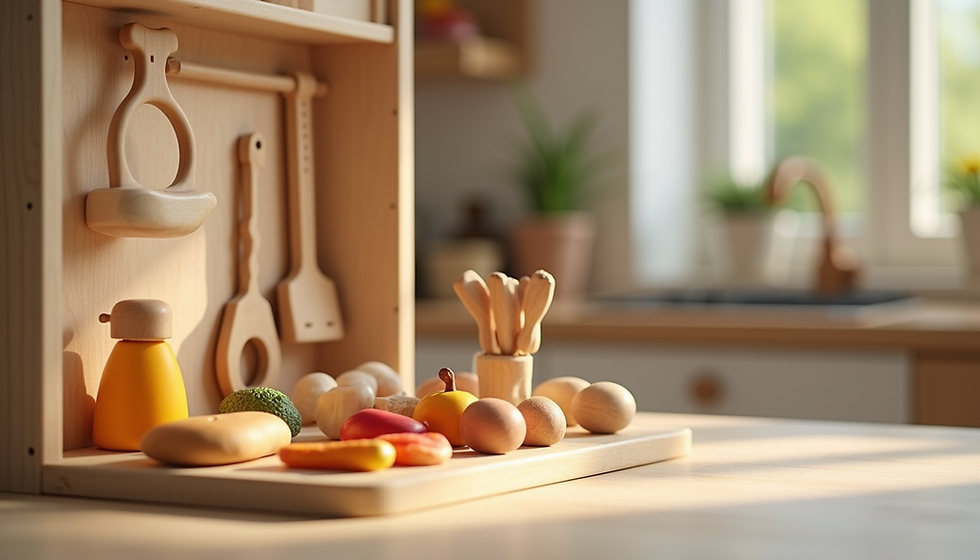 Wooden toy kitchen playset with utensils and colorful play food on a sunlit counter in a cozy kitchen.