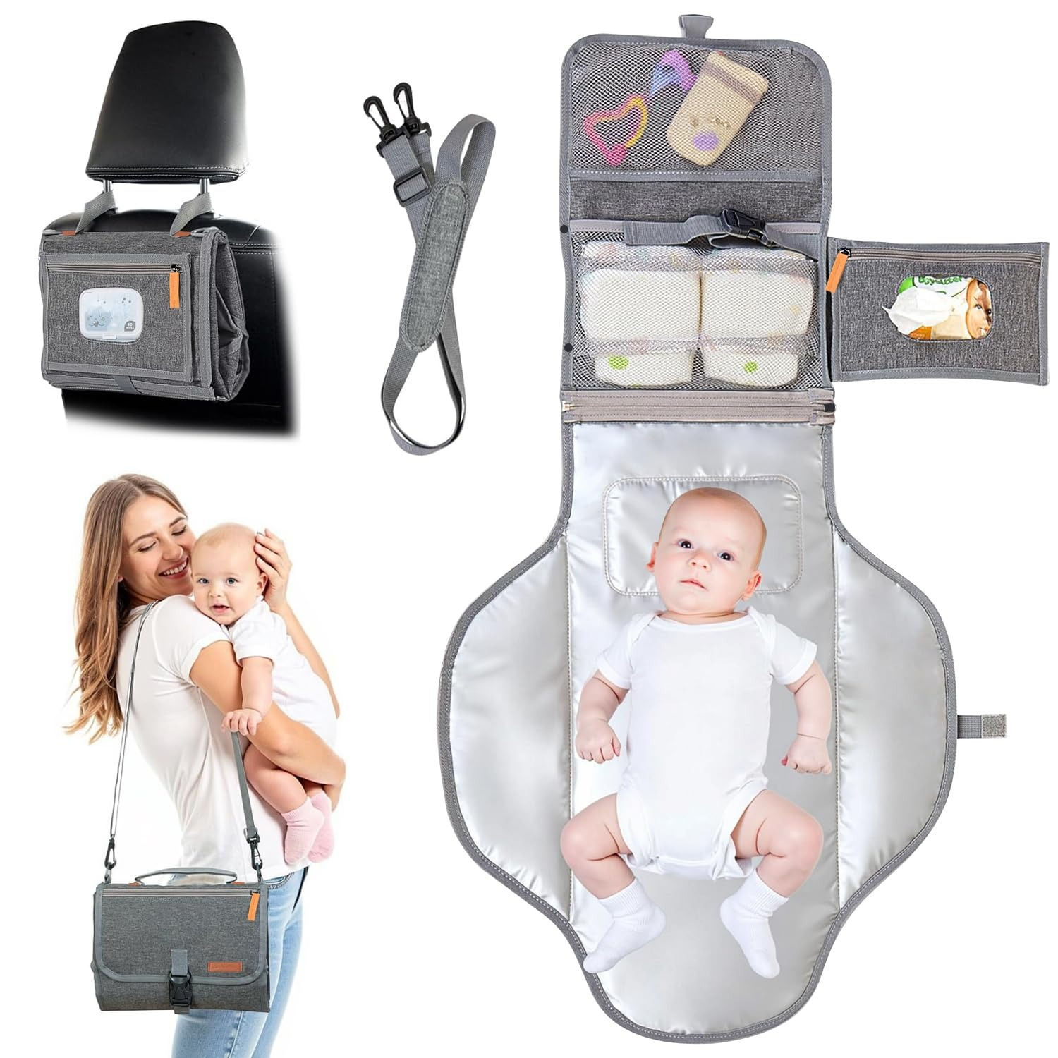 A mother holds her baby next to a grey travel diaper clutch shown open with a child laying down, and hanging on a car seat.