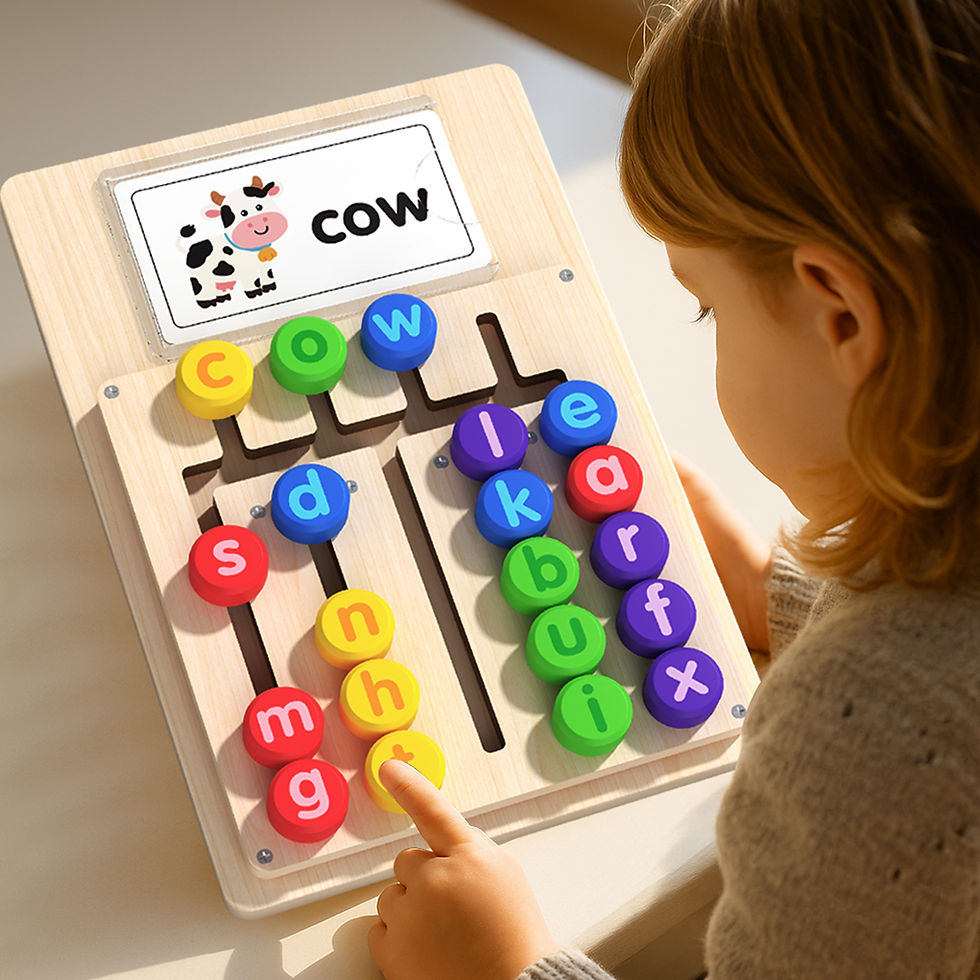 A young child sitting at a table is learning with a wooden Montessori alphabet board surrounded by word cards.