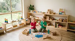A toddler exploring language and literacy with wooden Montessori letters and vocabulary objects in a peaceful reading corner.