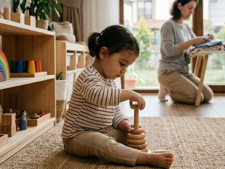 Toddler focused on a wooden stacking toy while parent works in the background.