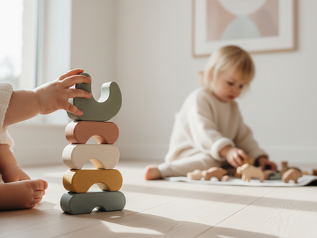 Close-up view of wooden stacking toy with natural colours