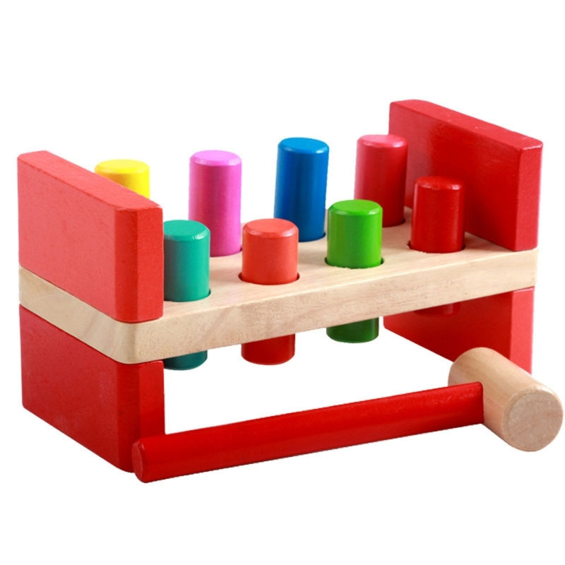 Classic wooden pounding bench and hammer toy with 8 colourful pegs.