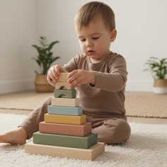 Eye-level view of wooden Montessori stacking blocks arranged by size