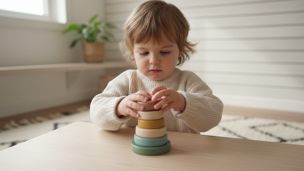 Close-up view of wooden stacking rings on a natural wood surface