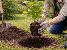 A person planting a young beech tree by positioning the rootball into a prepared hole in the ground.