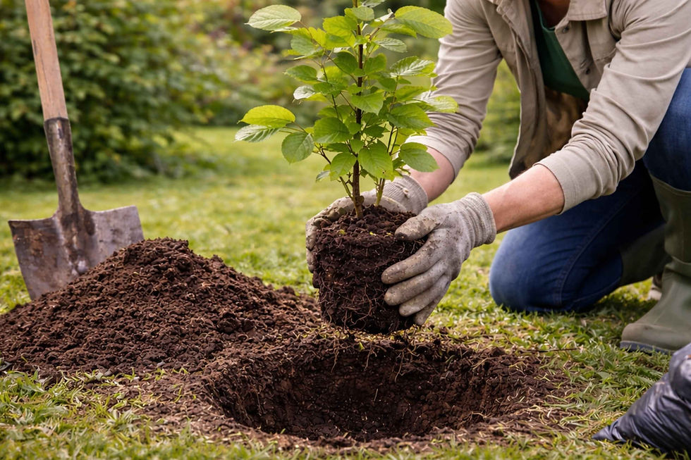 A person planting a young beech tree by positioning the rootball into a prepared hole in the ground.
