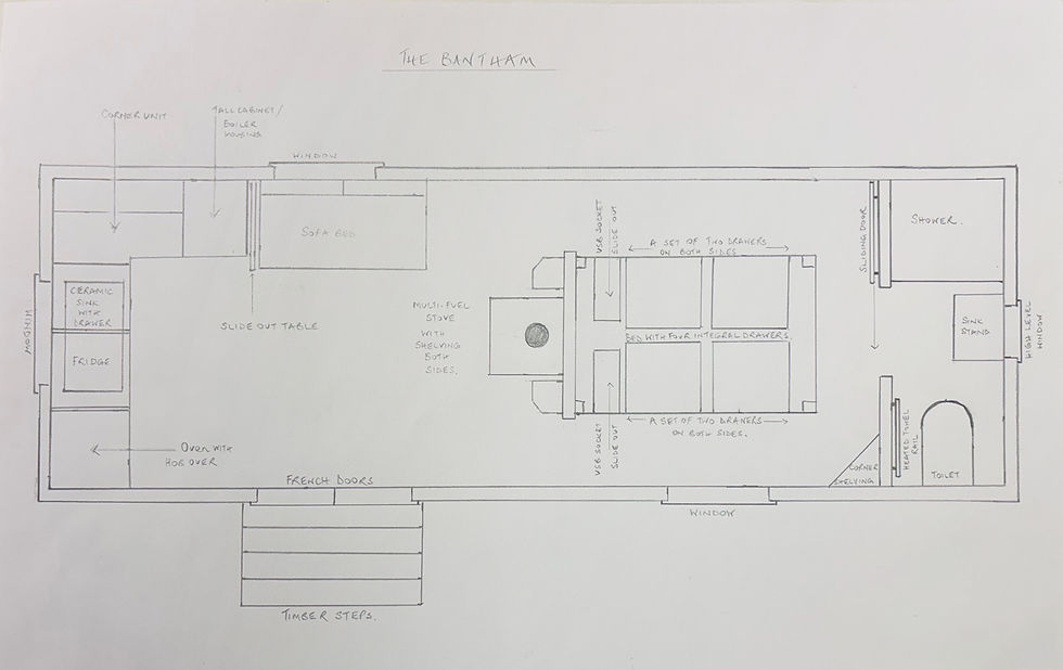Hand-drawn floor plan of The Bantham shepherd’s hut UK, showing kitchen, sofa bed, wood-burning stove, double bed with drawers, and en-suite shower room.