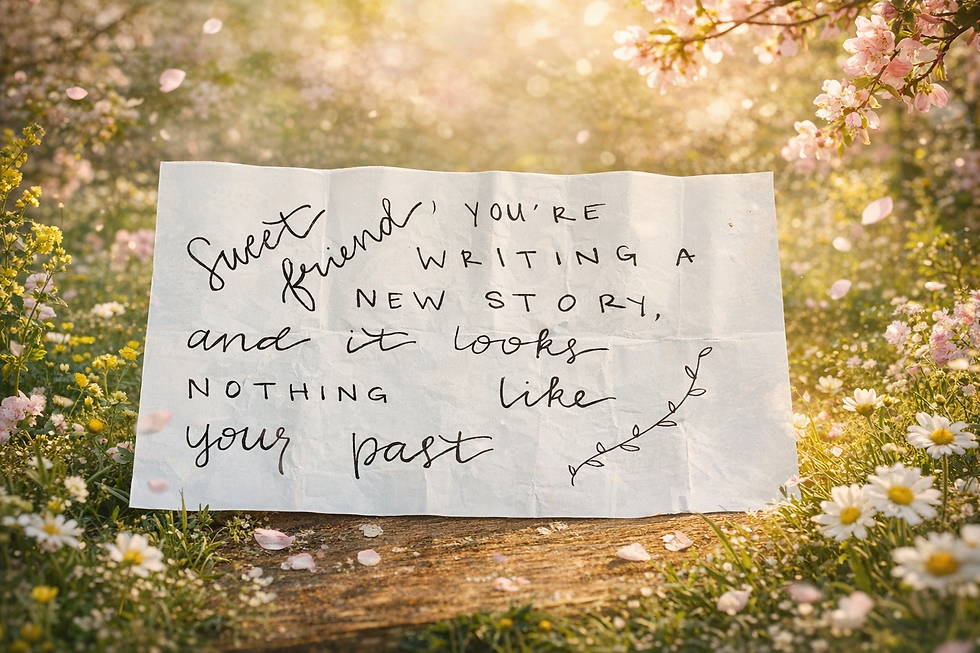 Note saying 'sweet friend, you're writing a new story & it looks nothing like your past'