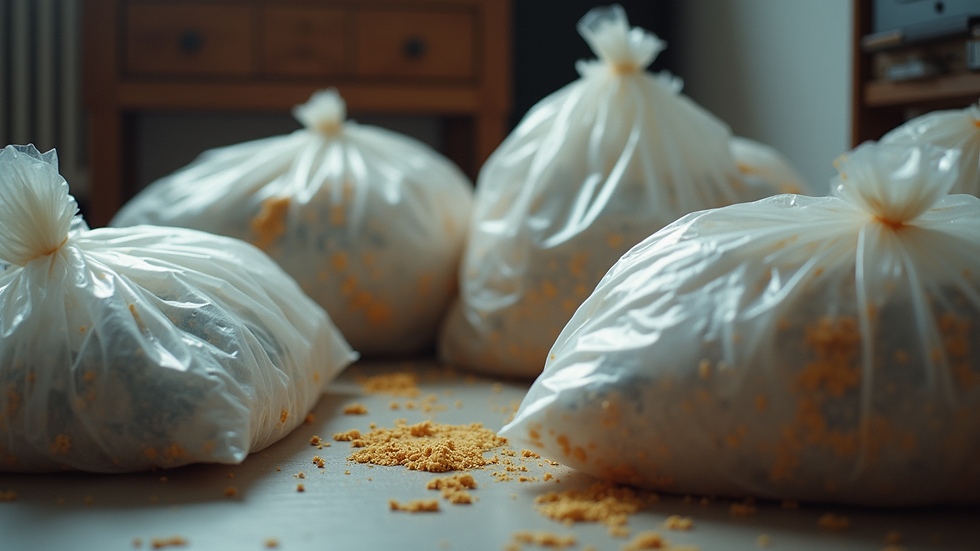 Eye-level view of discarded mold-contaminated household items in sealed bags