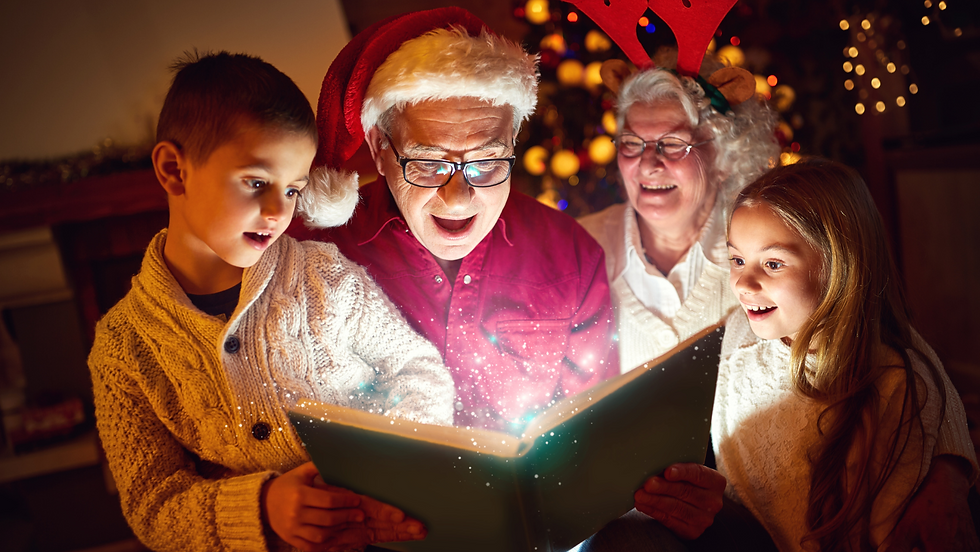 Grandparents reading with grandchildren at Christmas