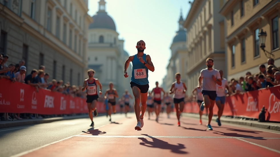 Eye-level view of a running event with participants crossing the finish line