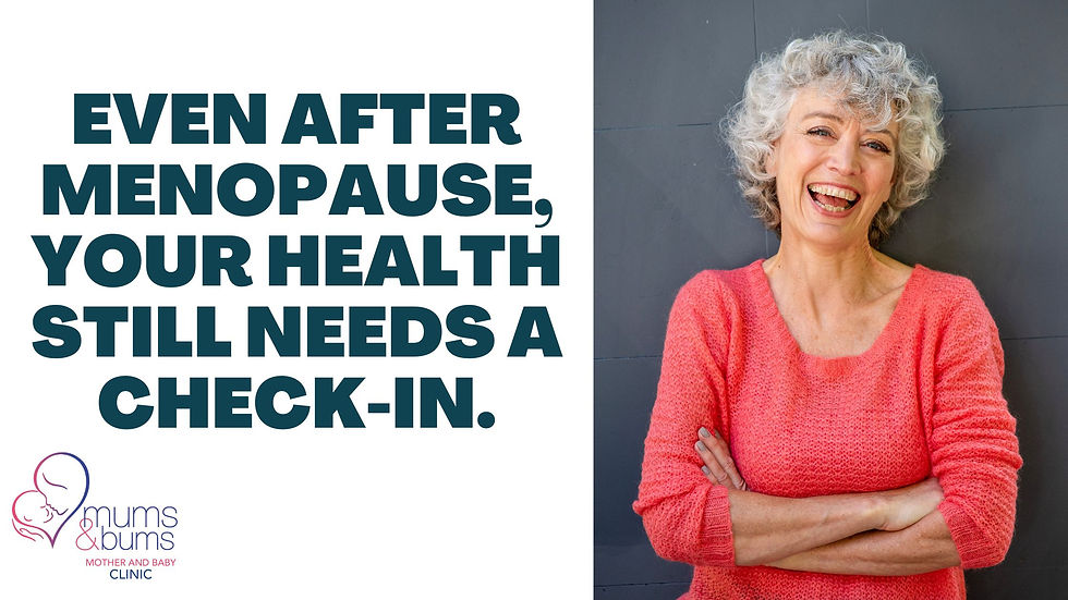 Smiling woman after menopause promoting Pap smear screening and women’s health checks at Mums & Bums Clinic, Centurion, South Africa.