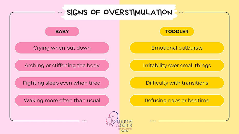 Infographic showing signs of overstimulation in babies and toddlers after the holidays.
