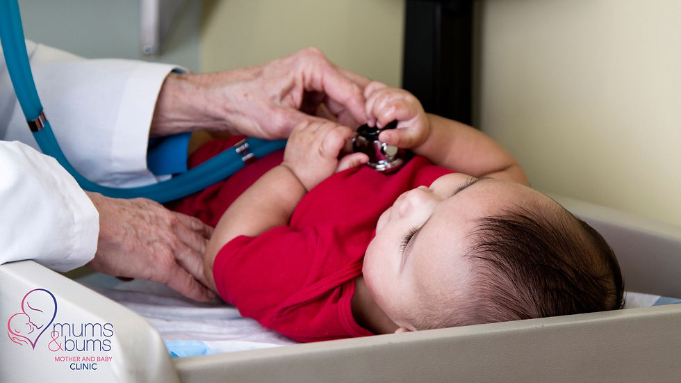 Nurse examining baby with stethoscope during clinic fever checkup at Mums & Bums Centurion.